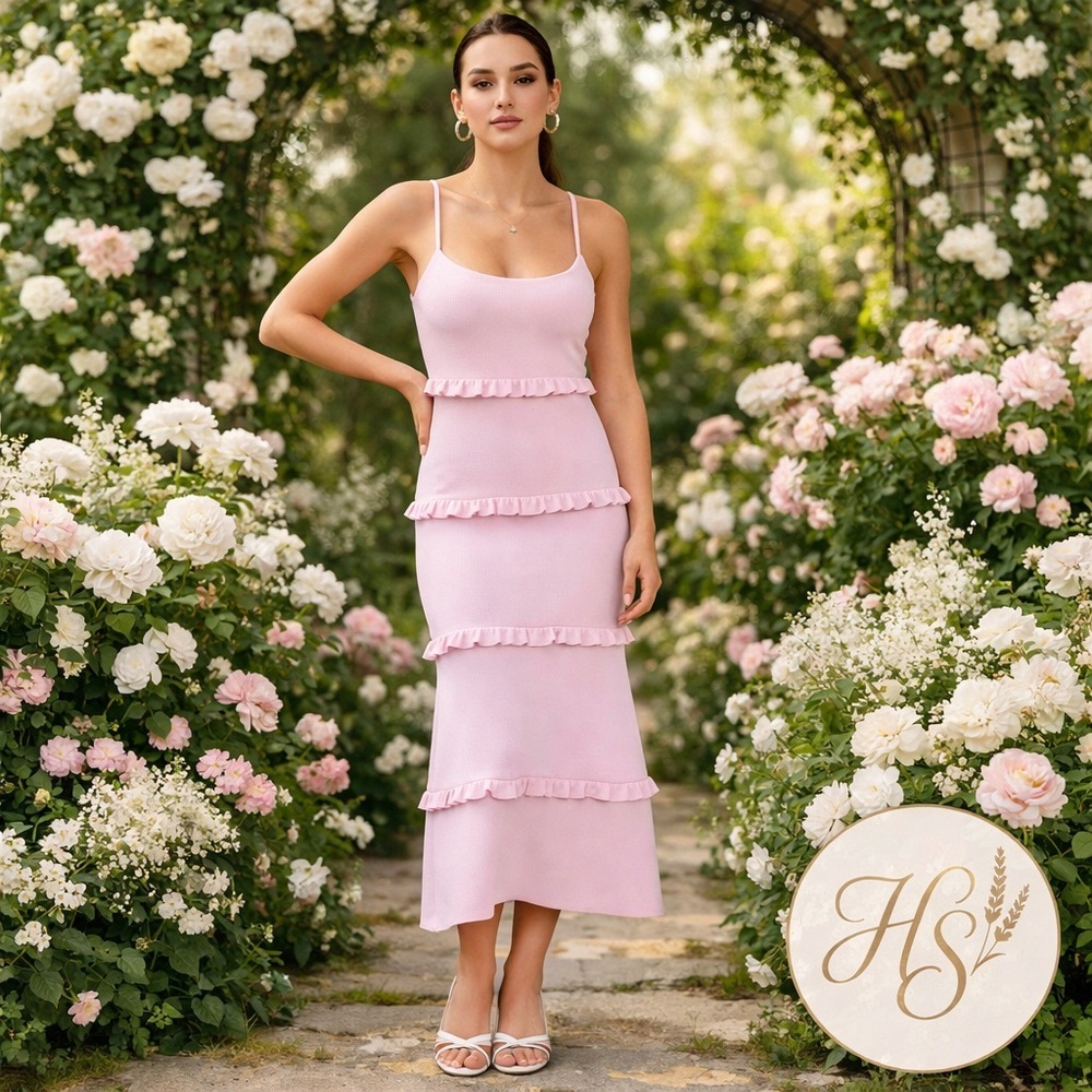 Boutique Blush Pink Tiered Ruffle Midi Dress – Size Small – NWT
